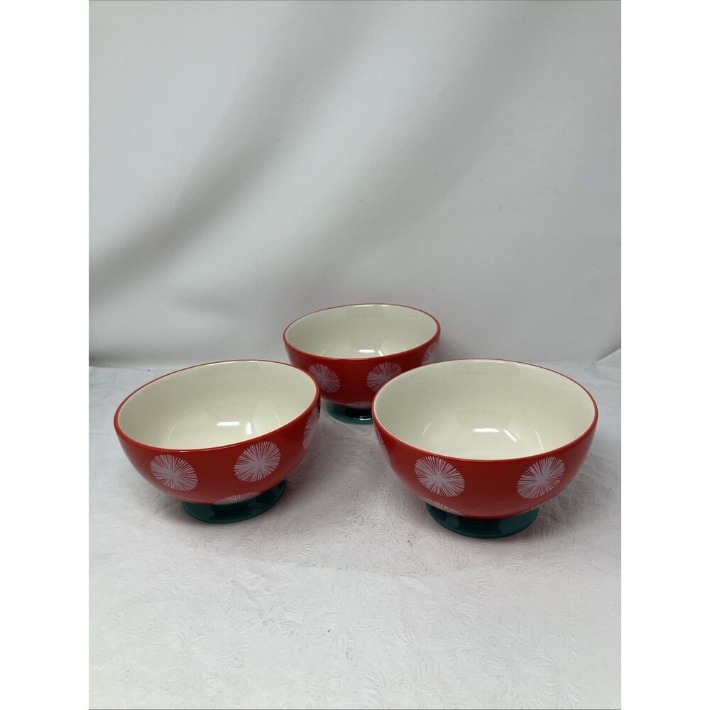 Pioneer Woman Red Starburst Large Cereal Bowls Footed Set of 3